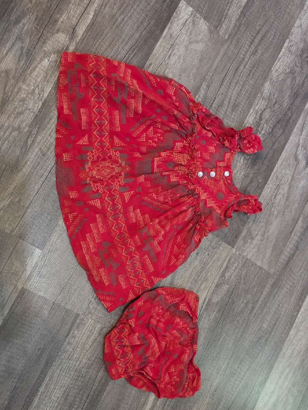 Red Aztec-Pattern Baby Dress with Bloomer 3-6M